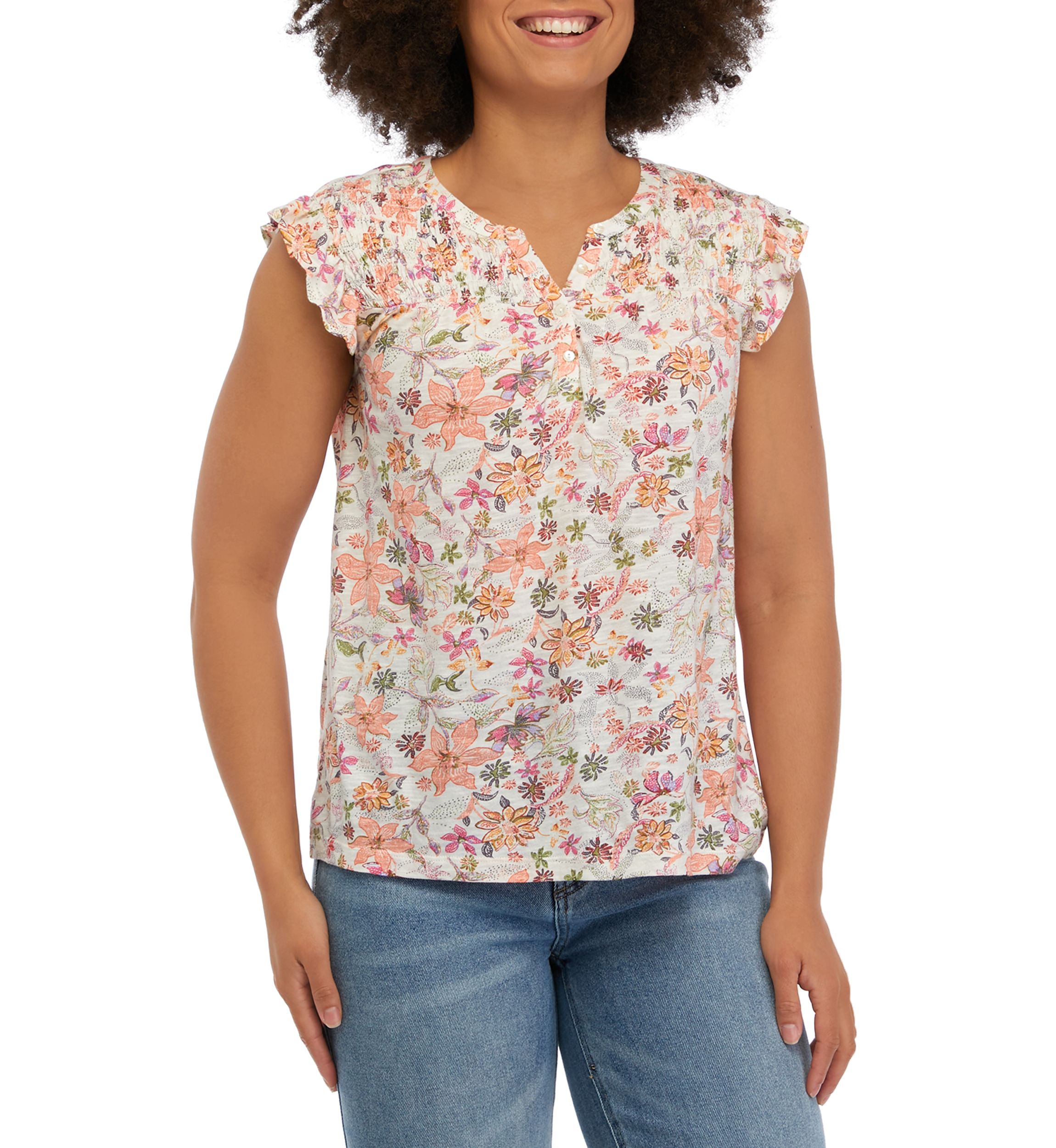 Womens Short Ruffle Sleeve Printed Top with Shirring Details
