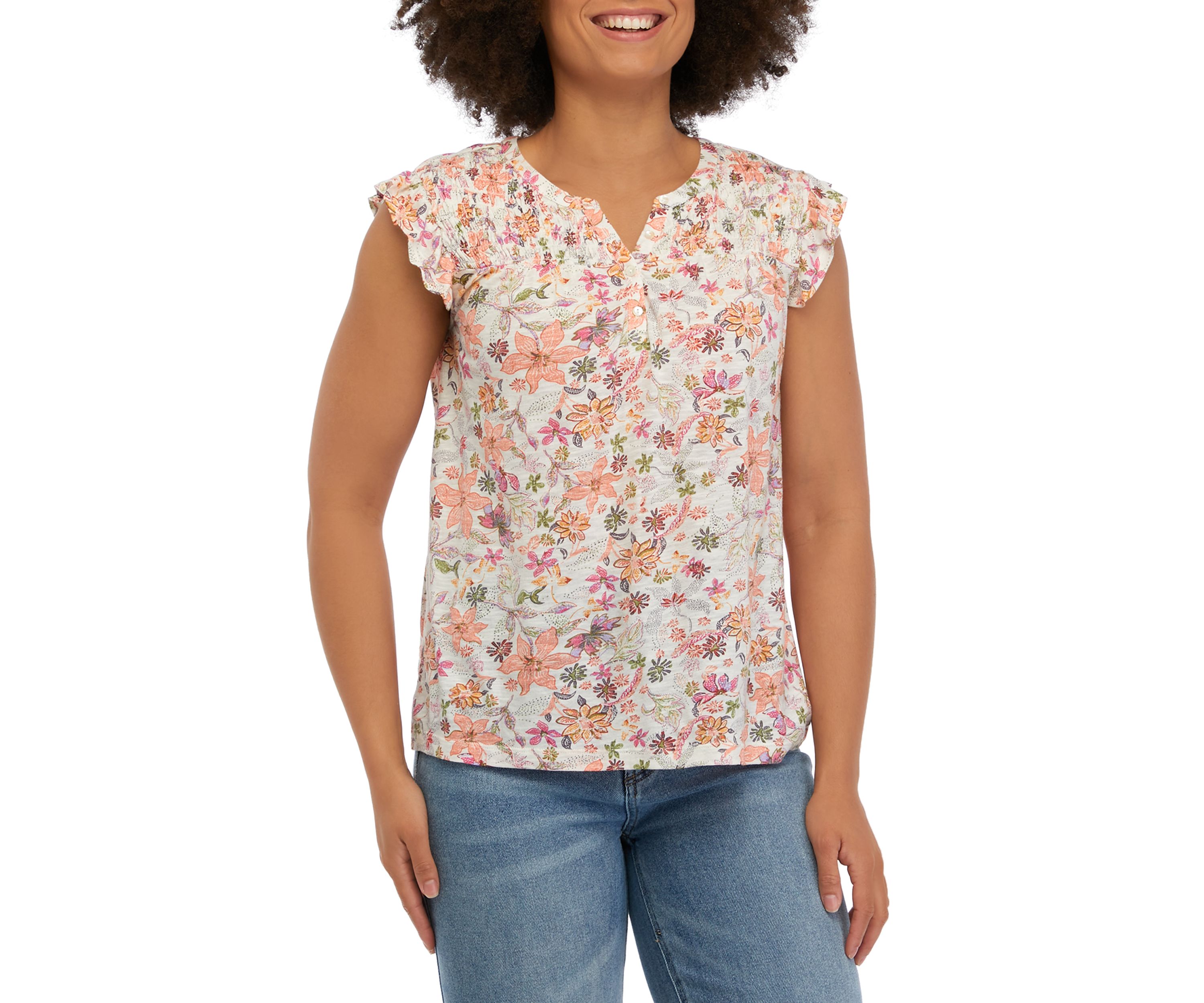 Womens Short Ruffle Sleeve Printed Top with Shirring Details