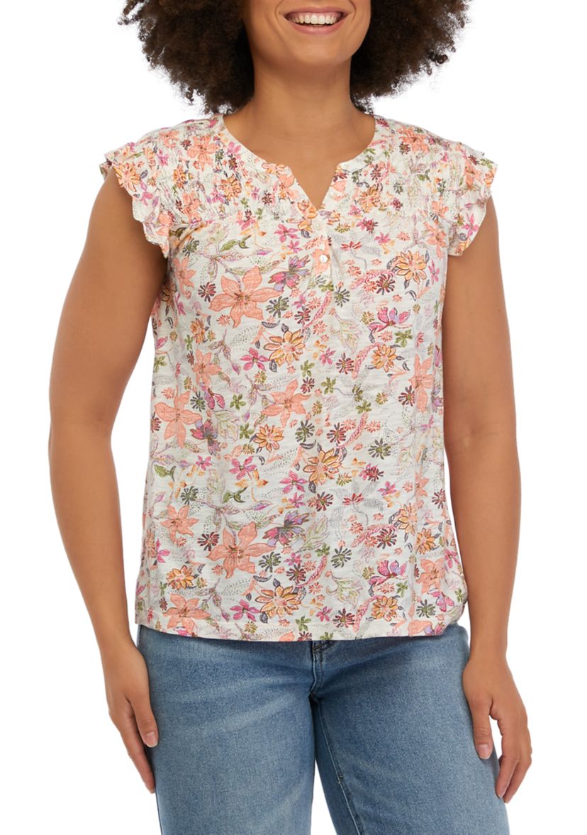 Womens Short Ruffle Sleeve Printed Top with Shirring Details