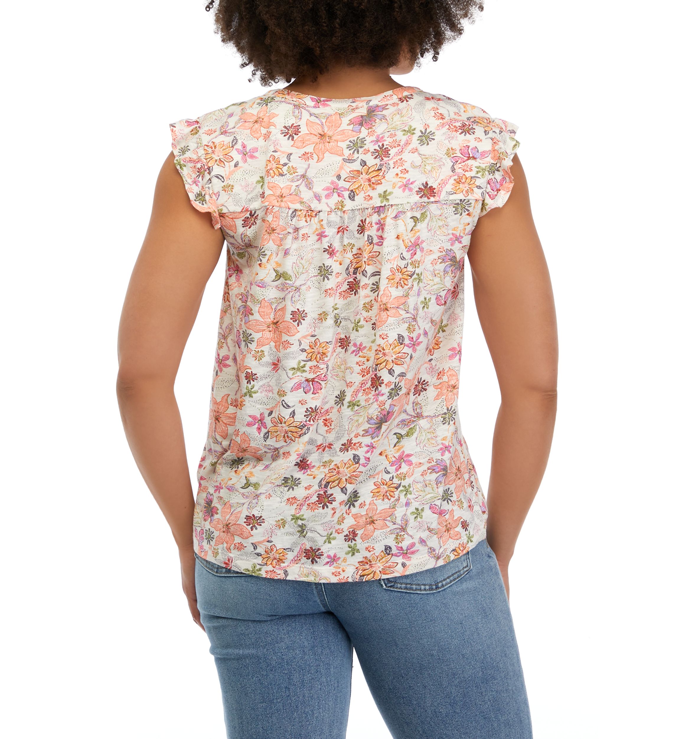 Womens Short Ruffle Sleeve Printed Top with Shirring Details