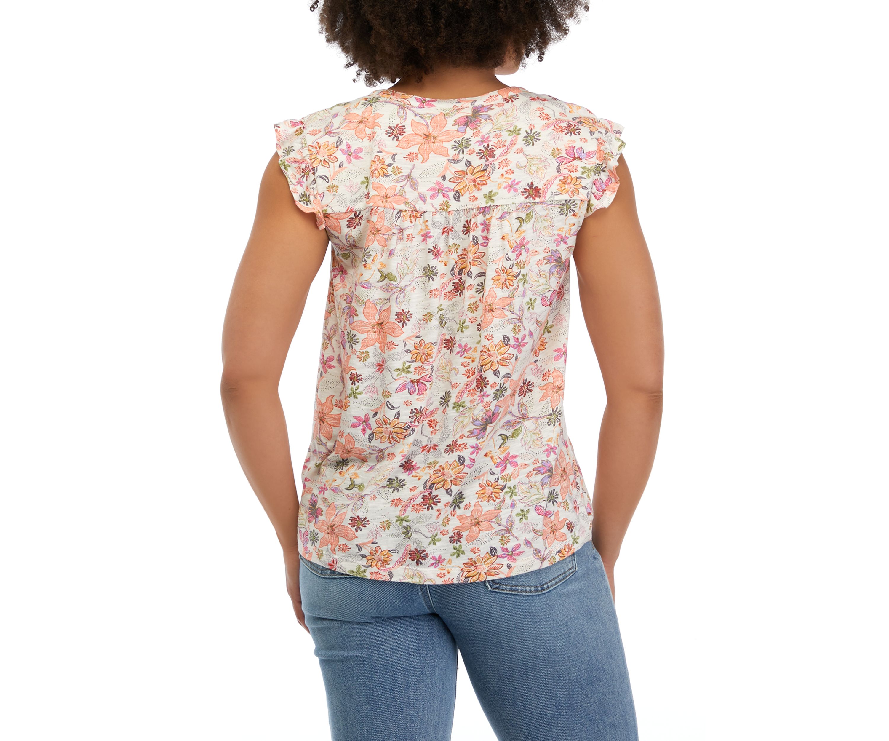 Womens Short Ruffle Sleeve Printed Top with Shirring Details