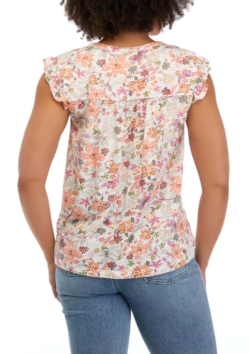 Womens Short Ruffle Sleeve Printed Top with Shirring Details