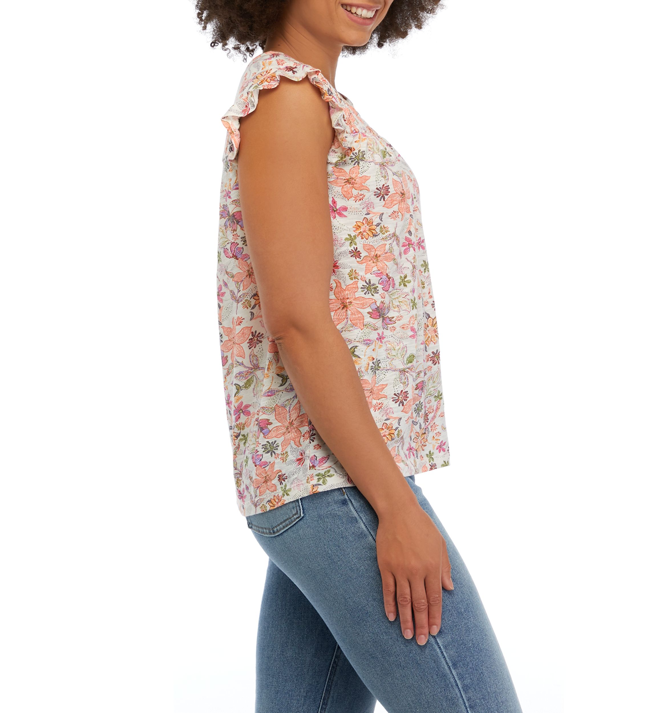 Womens Short Ruffle Sleeve Printed Top with Shirring Details