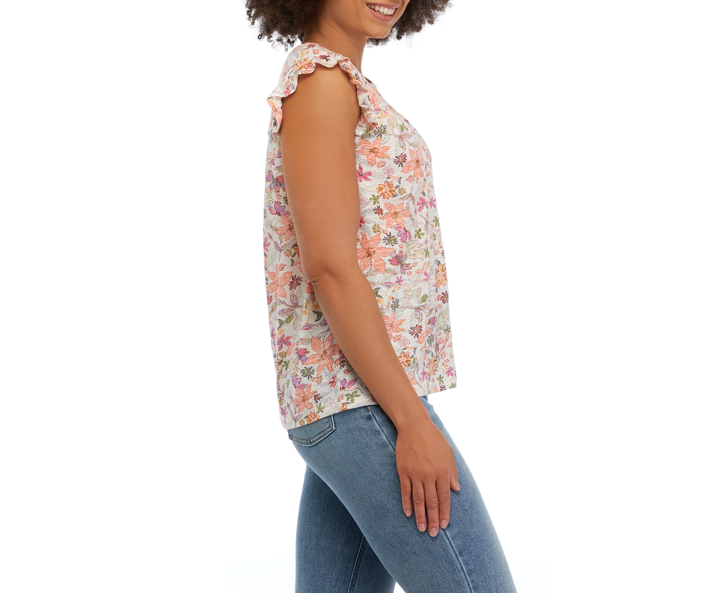 Womens Short Ruffle Sleeve Printed Top with Shirring Details