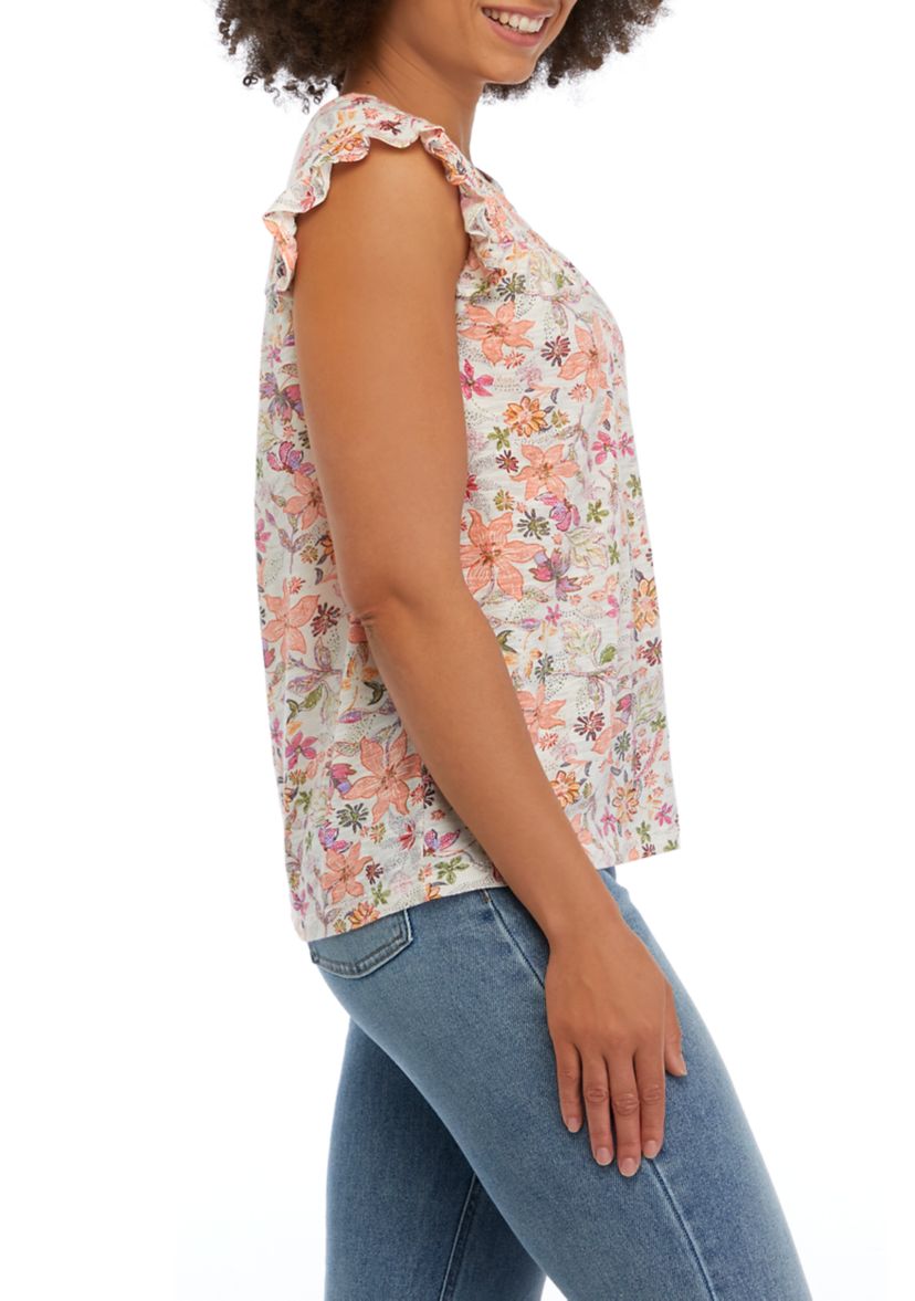 Womens Short Ruffle Sleeve Printed Top with Shirring Details