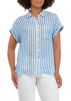 Women's Extended Shoulder Button Down Striped Shirt with Pocket