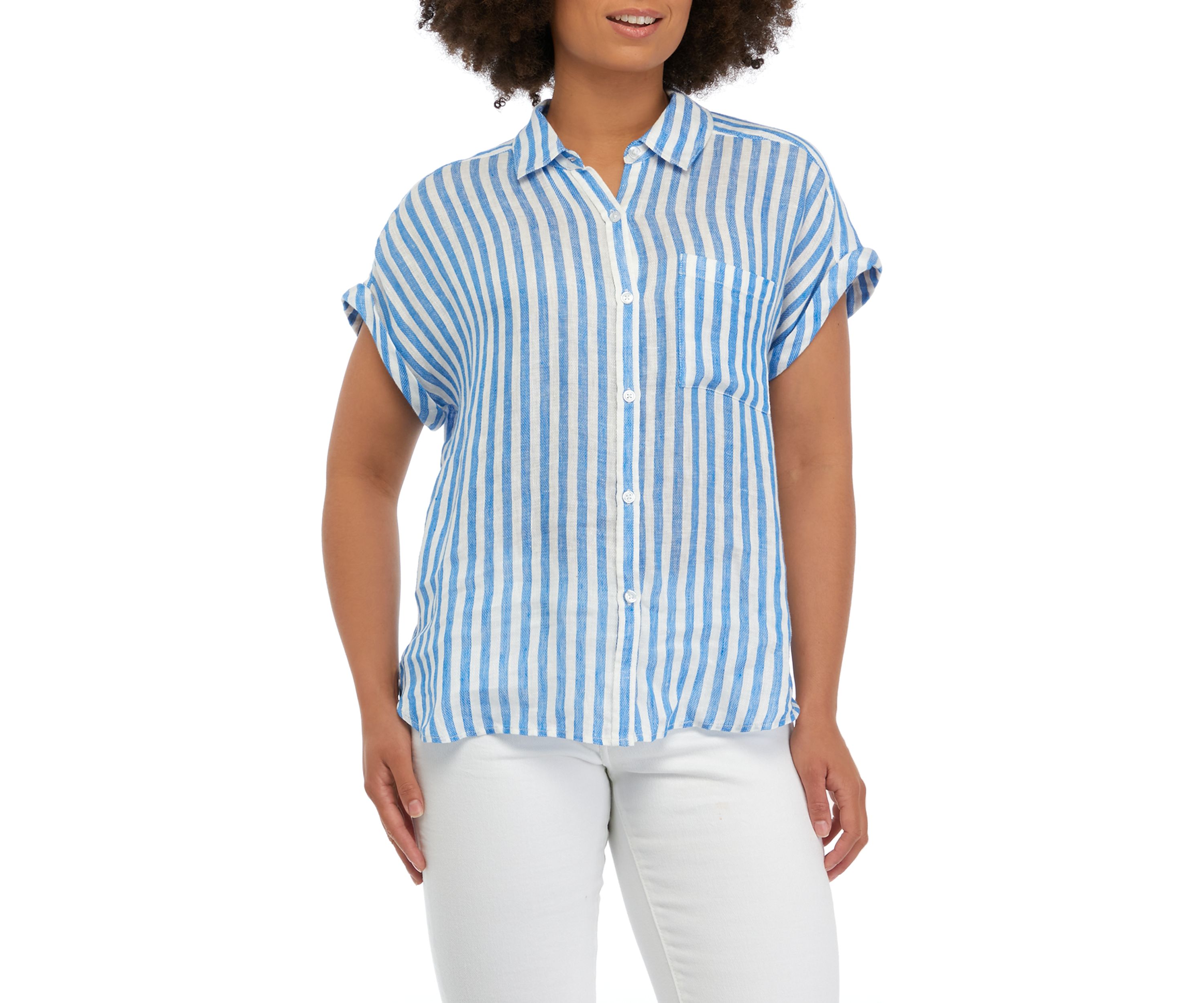 Womens Extended Shoulder Button Down Striped Shirt with Pocket