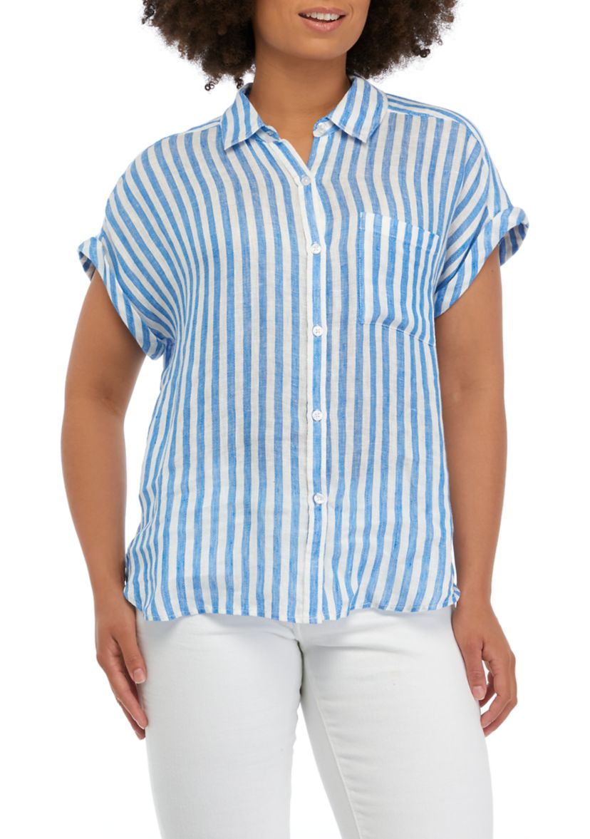 Womens Extended Shoulder Button Down Striped Shirt with Pocket