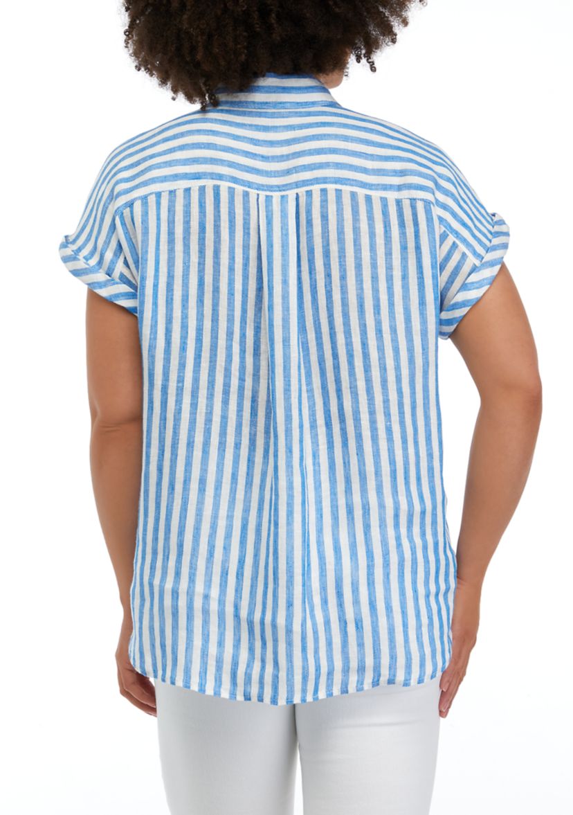 Womens Extended Shoulder Button Down Striped Shirt with Pocket