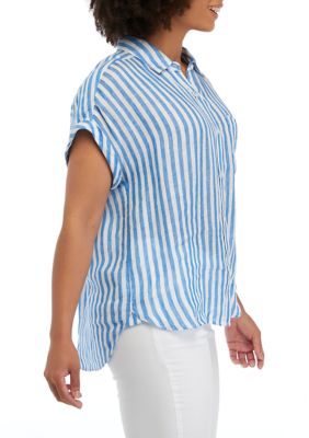 Women's Extended Shoulder Button Down Striped Shirt with Pocket