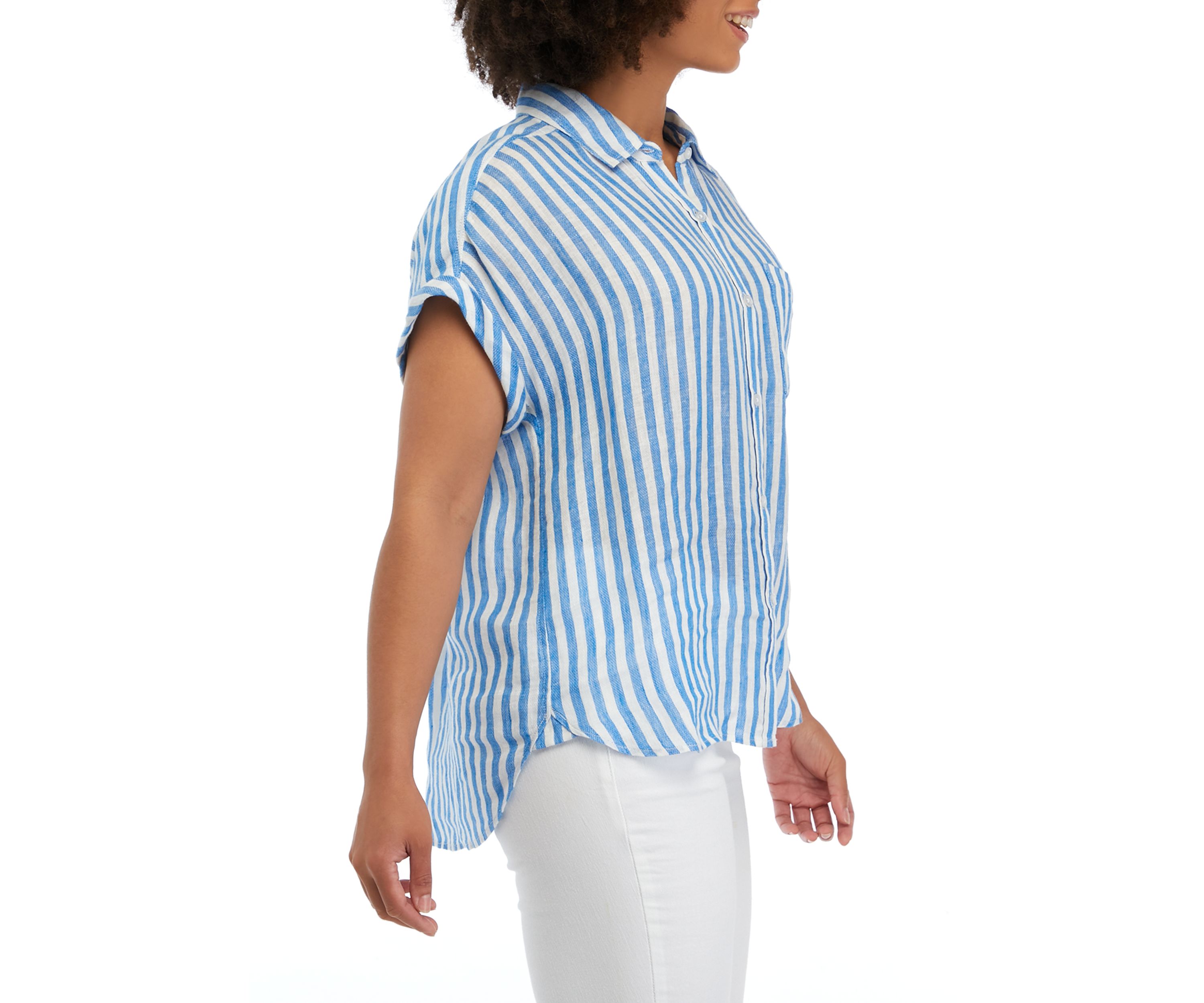 Womens Extended Shoulder Button Down Striped Shirt with Pocket
