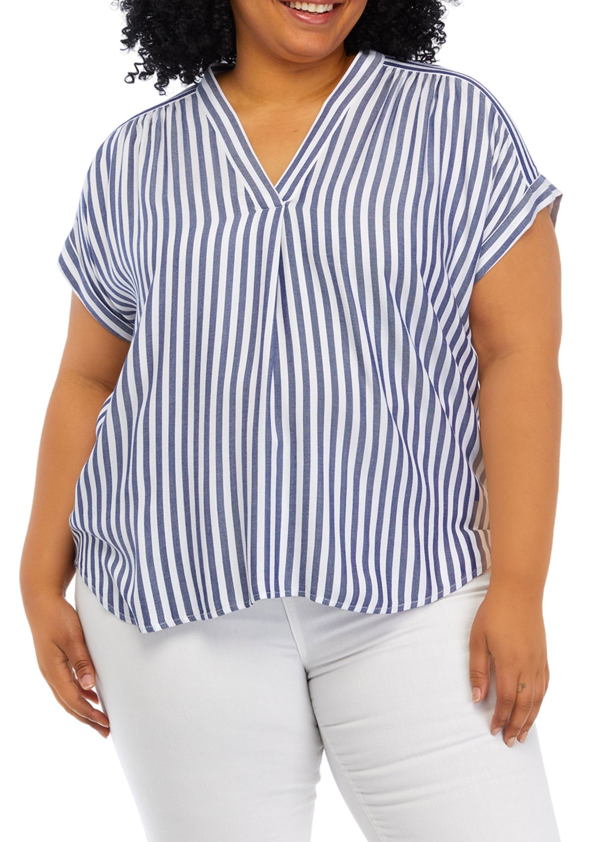Plus Size Curved Hem V-Neck Placket Blouse