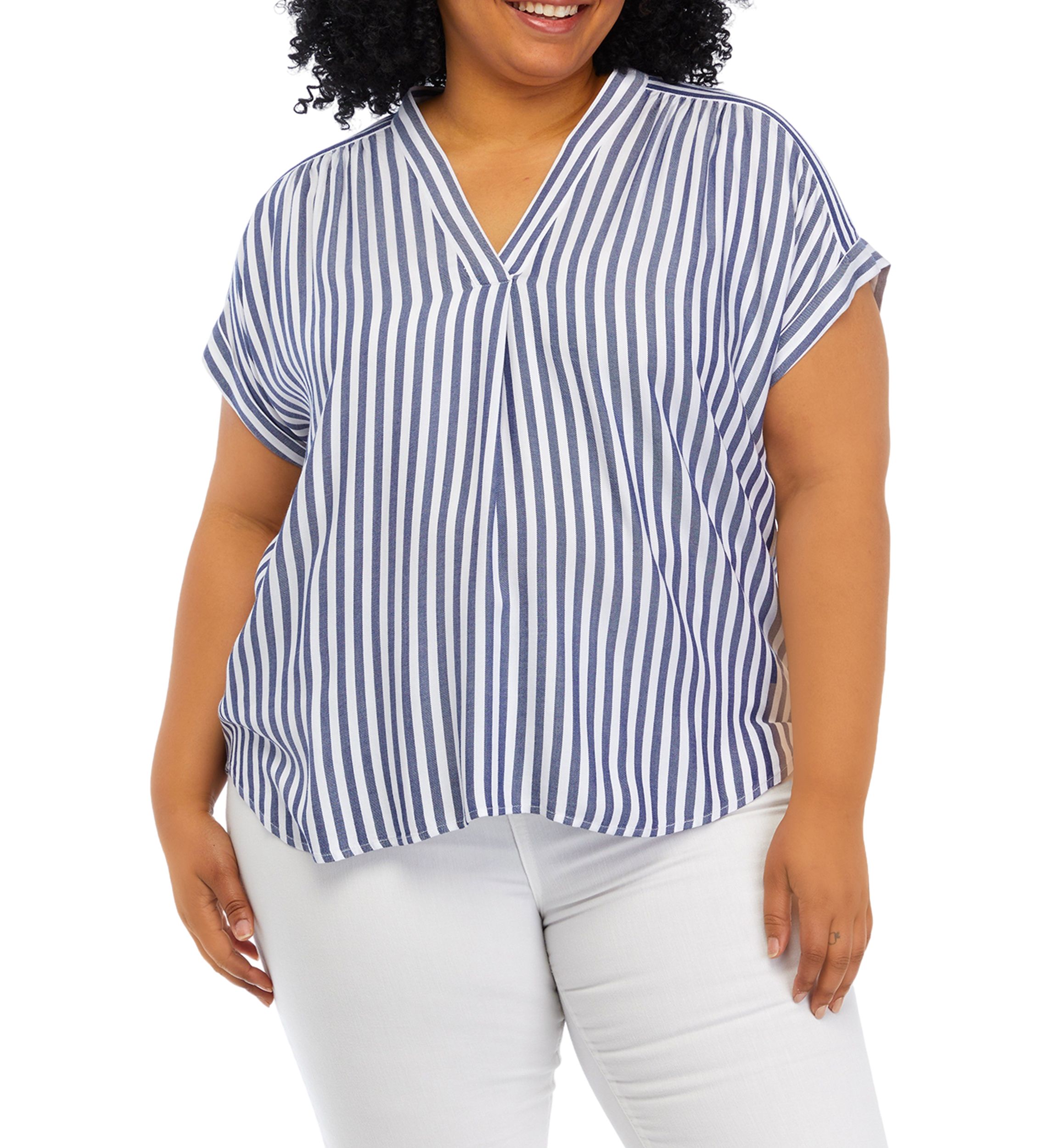 Plus Size Curved Hem V-Neck Placket Blouse