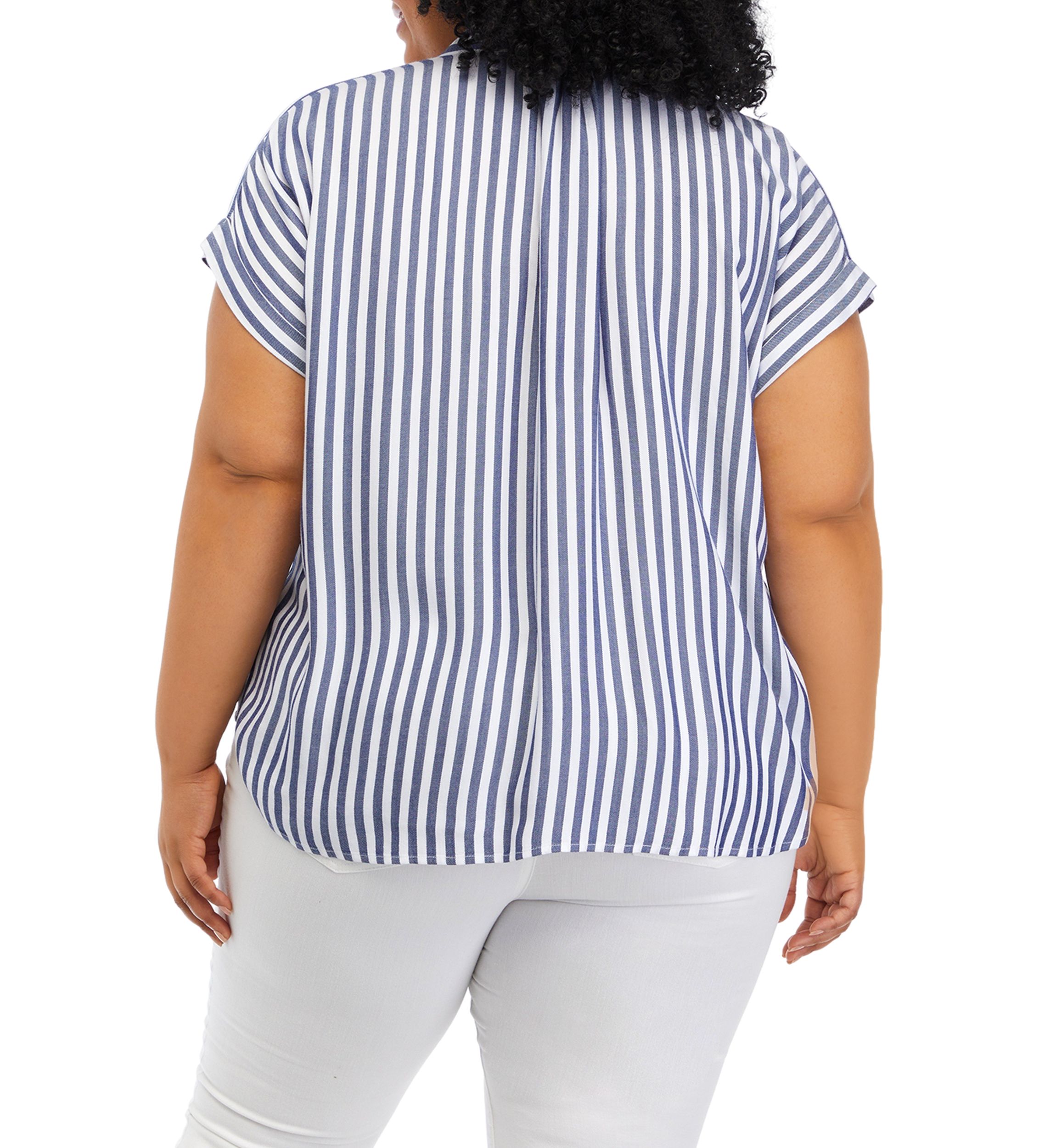 Plus Size Curved Hem V-Neck Placket Blouse