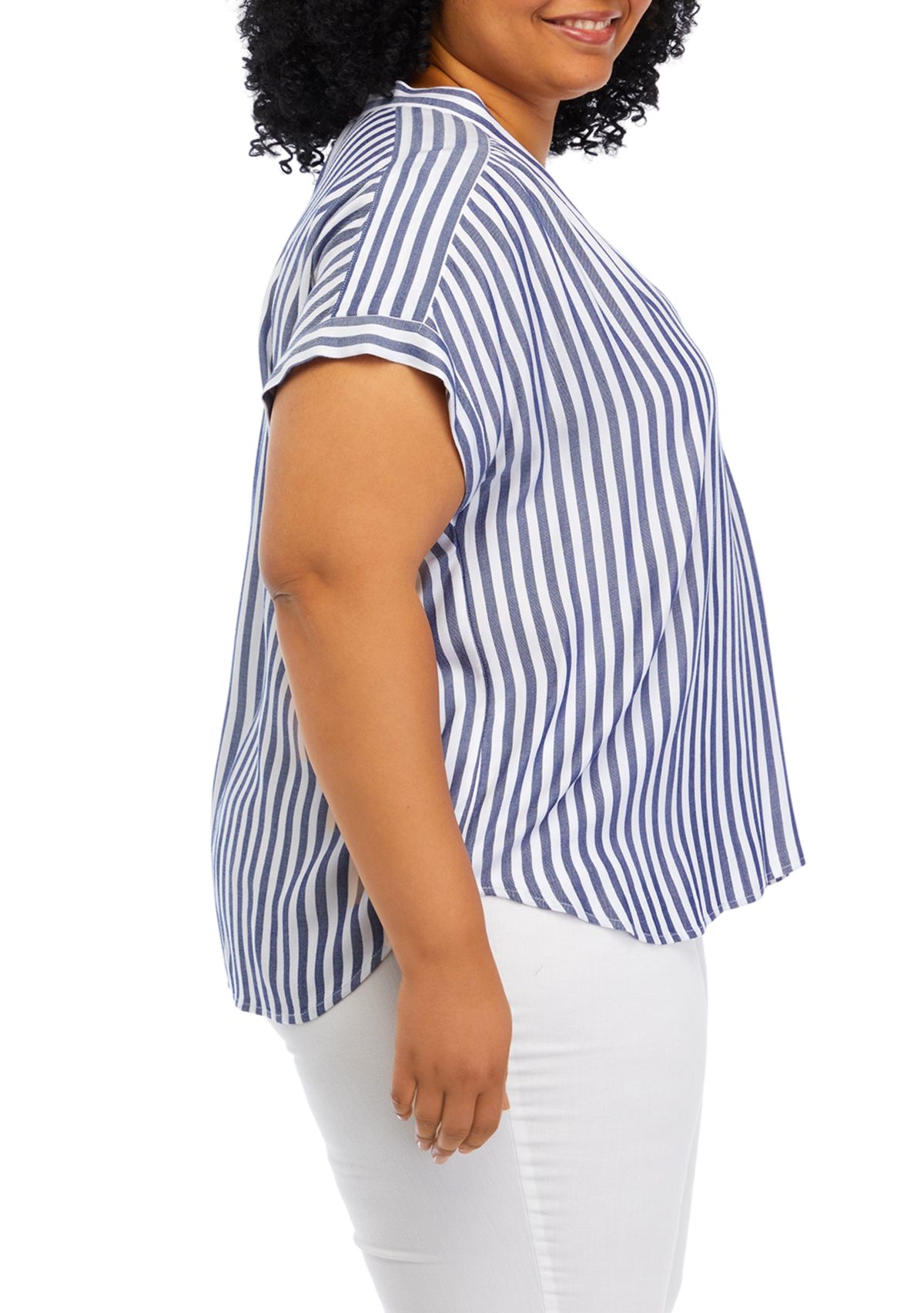 Plus Size Curved Hem V-Neck Placket Blouse