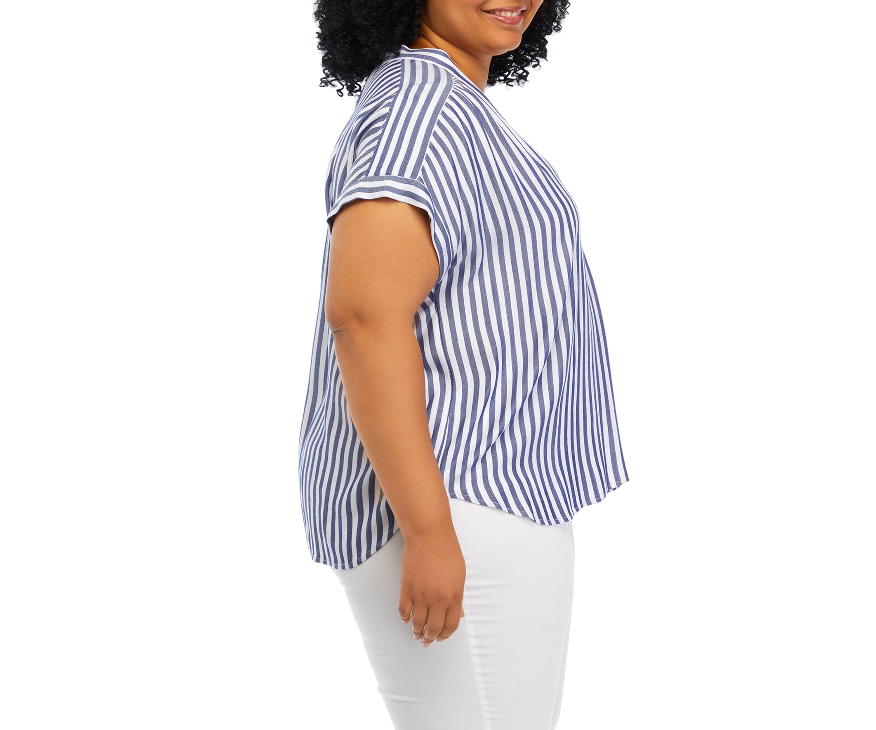 Plus Size Curved Hem V-Neck Placket Blouse