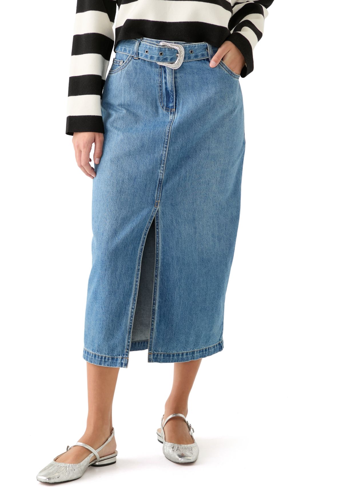 Womens Fly Front Denim Midi Skirt