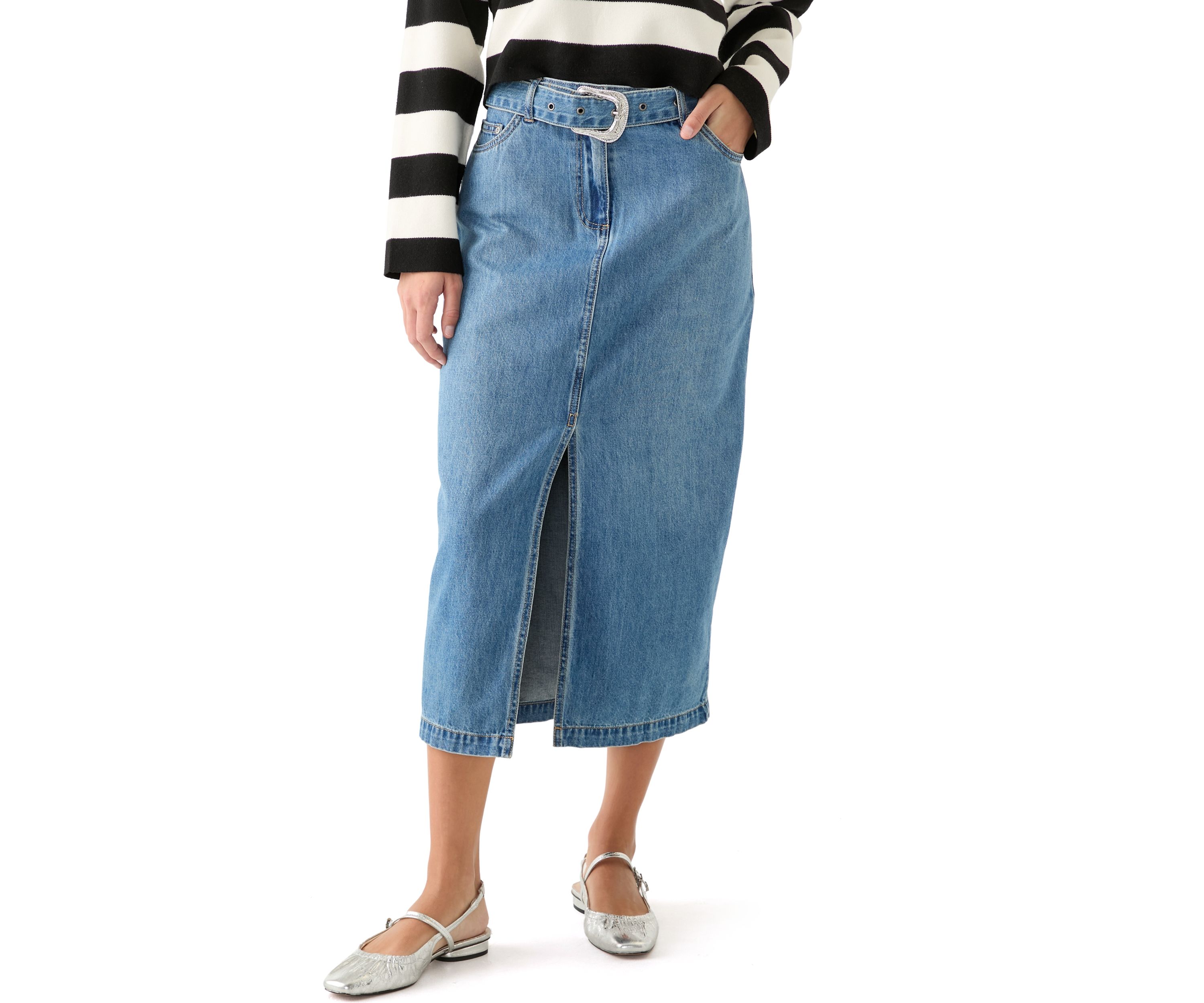 Womens Fly Front Denim Midi Skirt