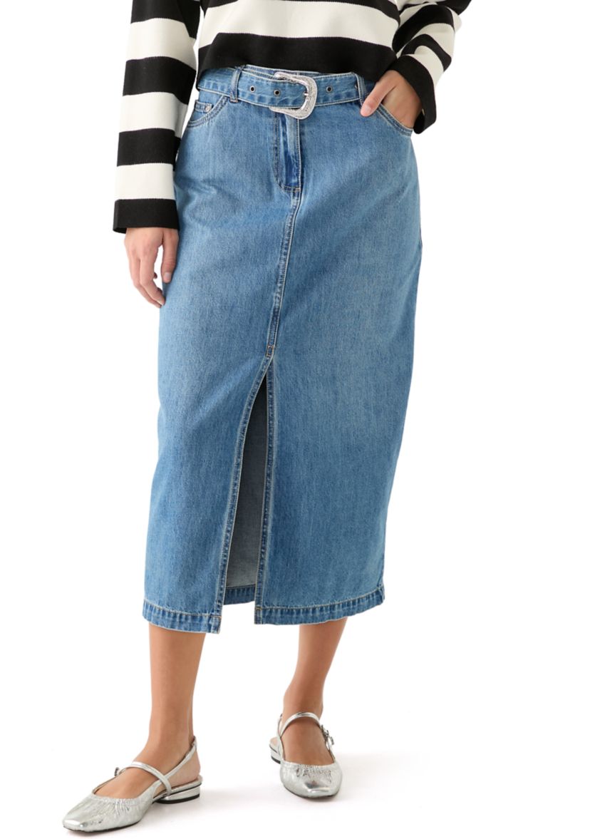Womens Fly Front Denim Midi Skirt