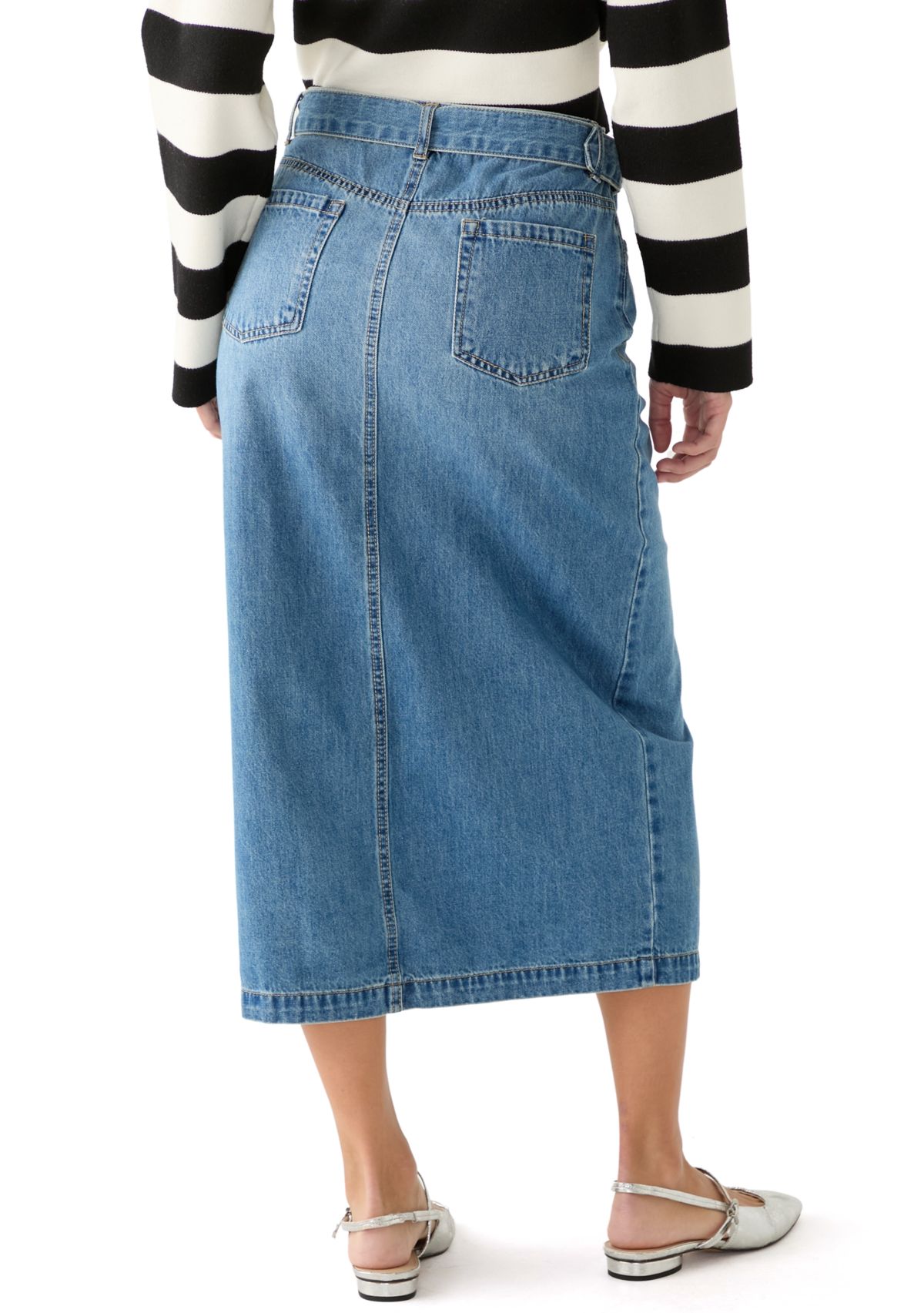 Womens Fly Front Denim Midi Skirt