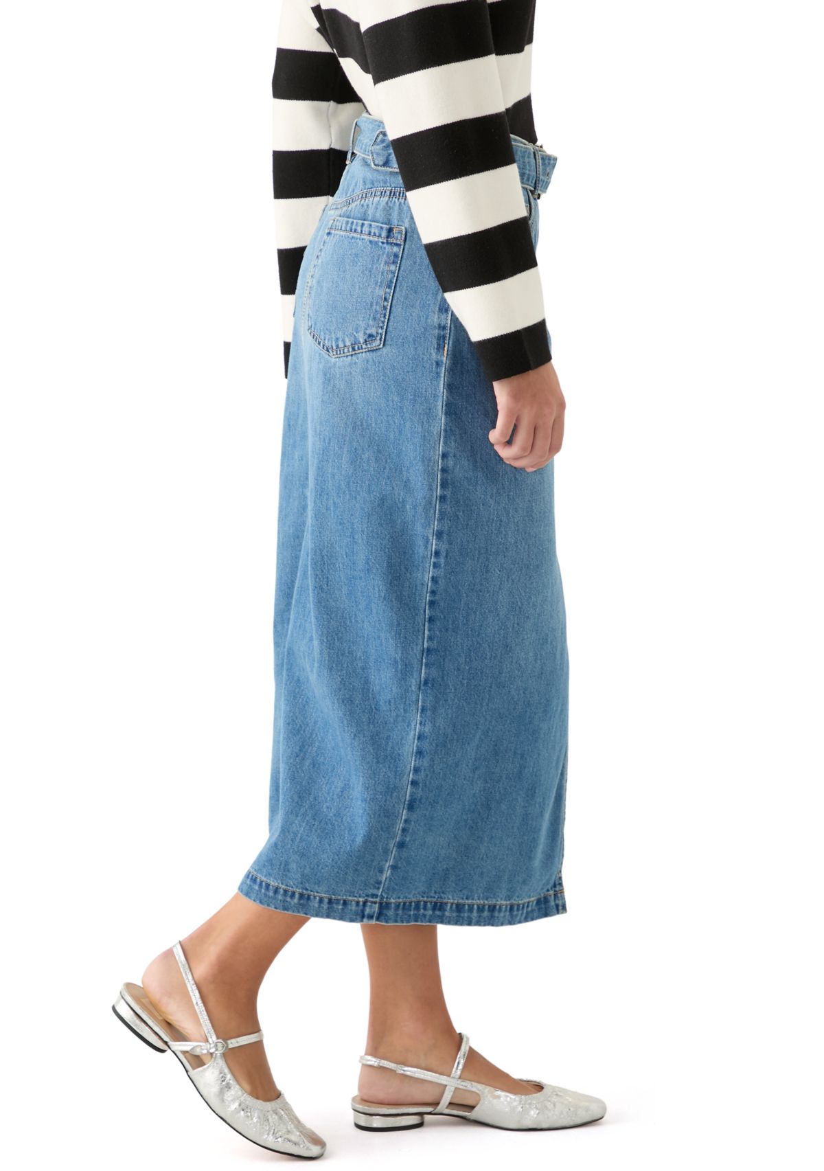 Womens Fly Front Denim Midi Skirt