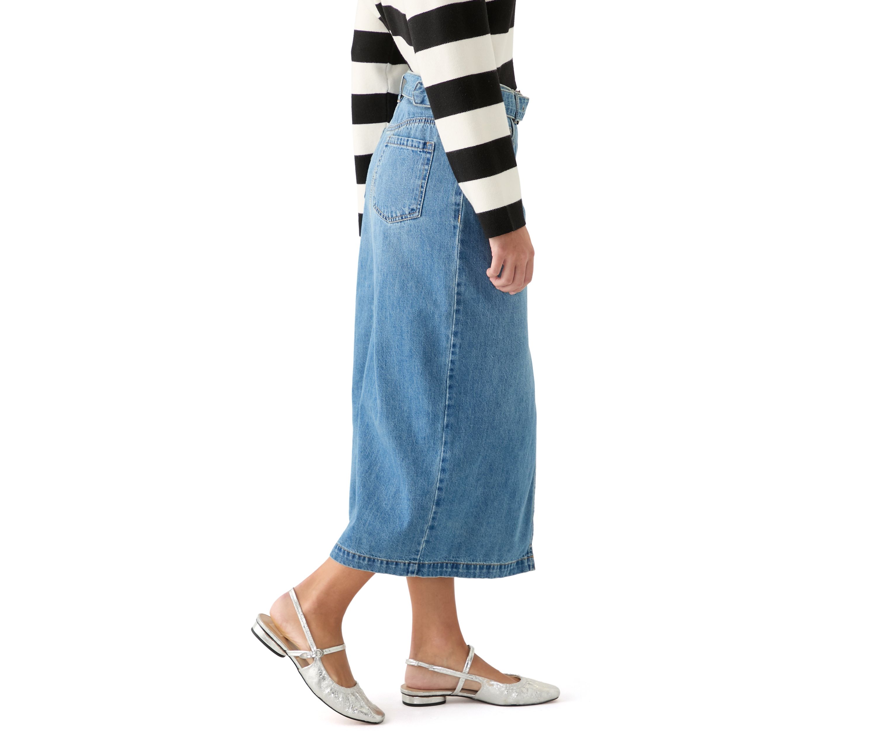 Womens Fly Front Denim Midi Skirt
