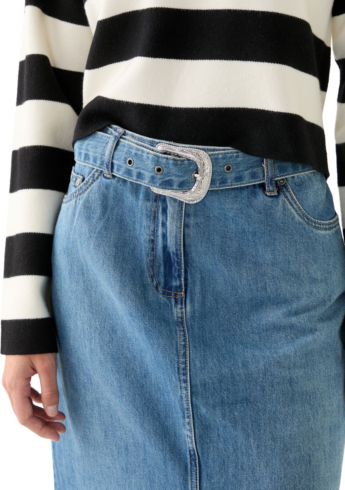 Womens Fly Front Denim Midi Skirt