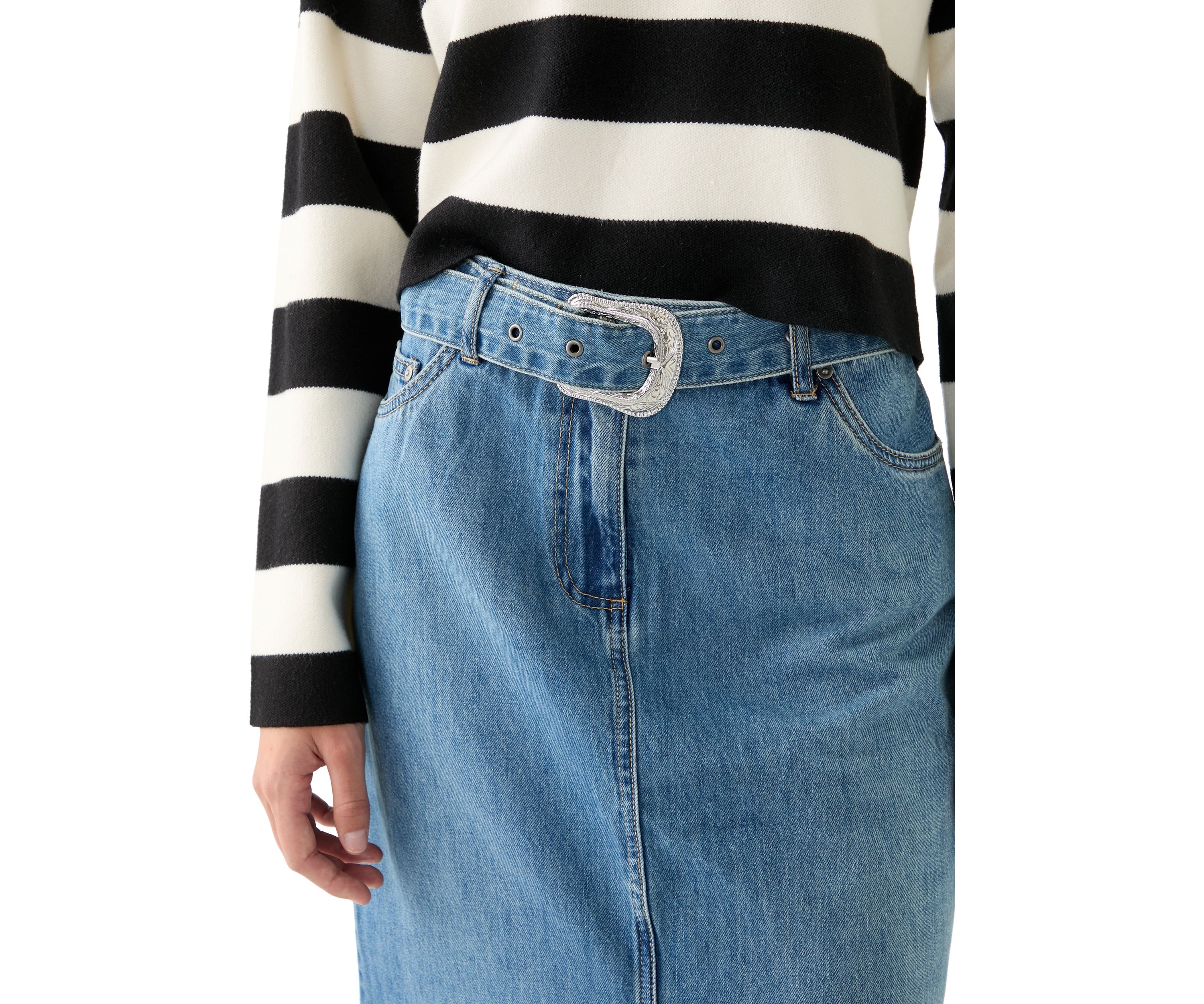 Womens Fly Front Denim Midi Skirt