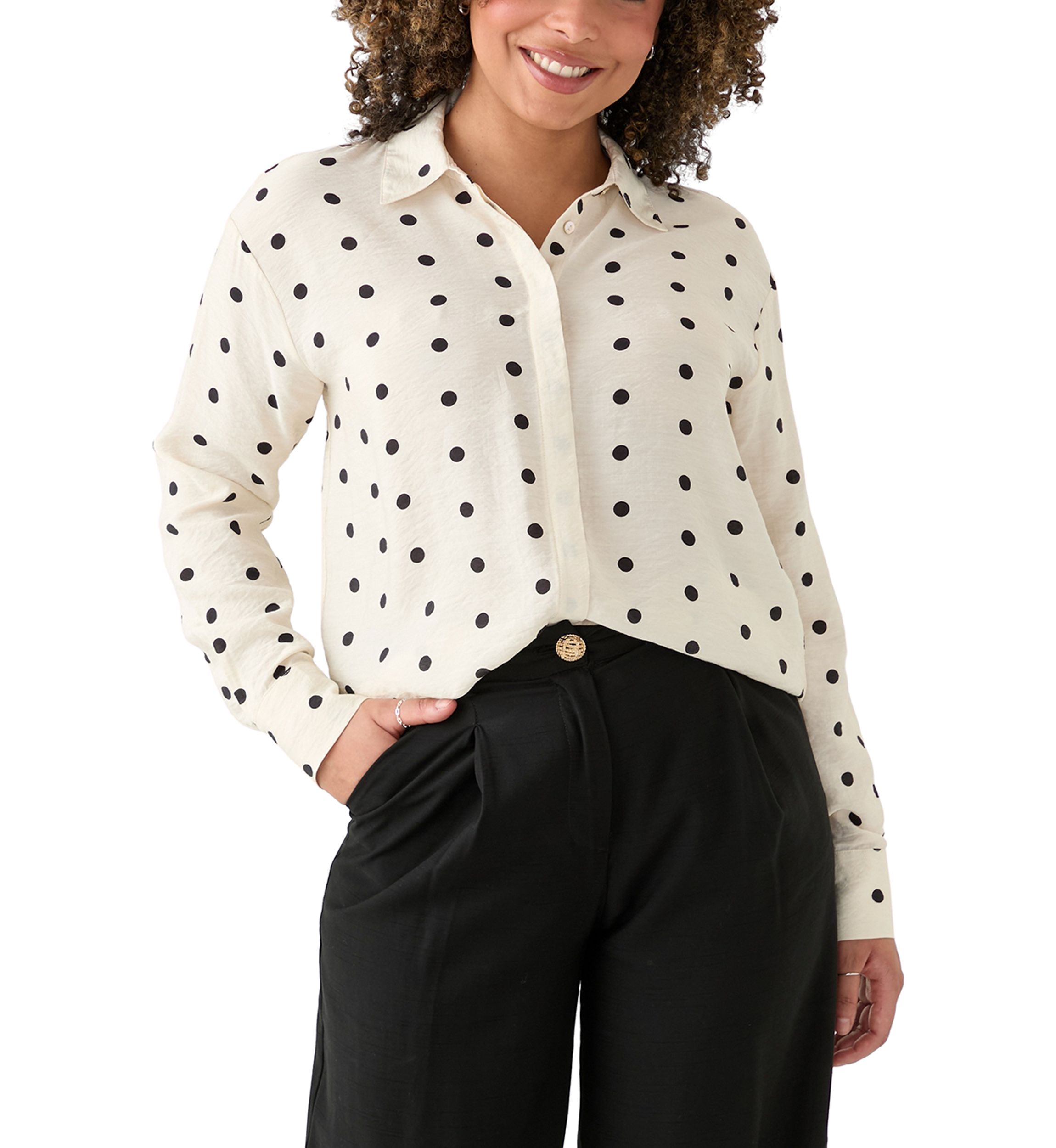 Womens Long Sleeve Polka Dot Collared Shirt