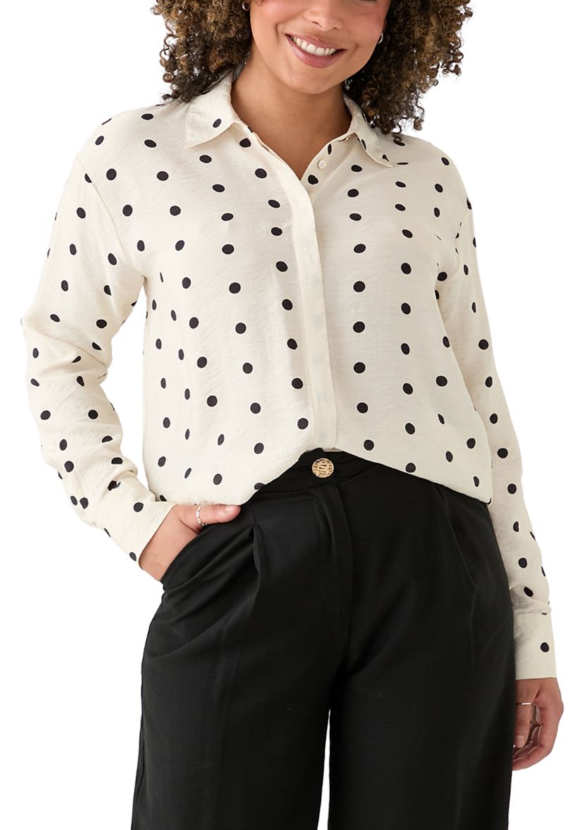 Womens Long Sleeve Polka Dot Collared Shirt