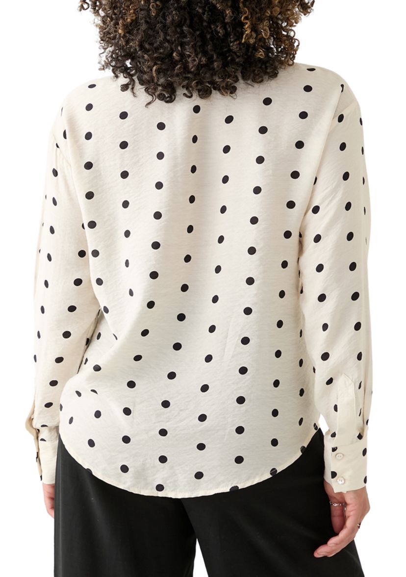 Womens Long Sleeve Polka Dot Collared Shirt