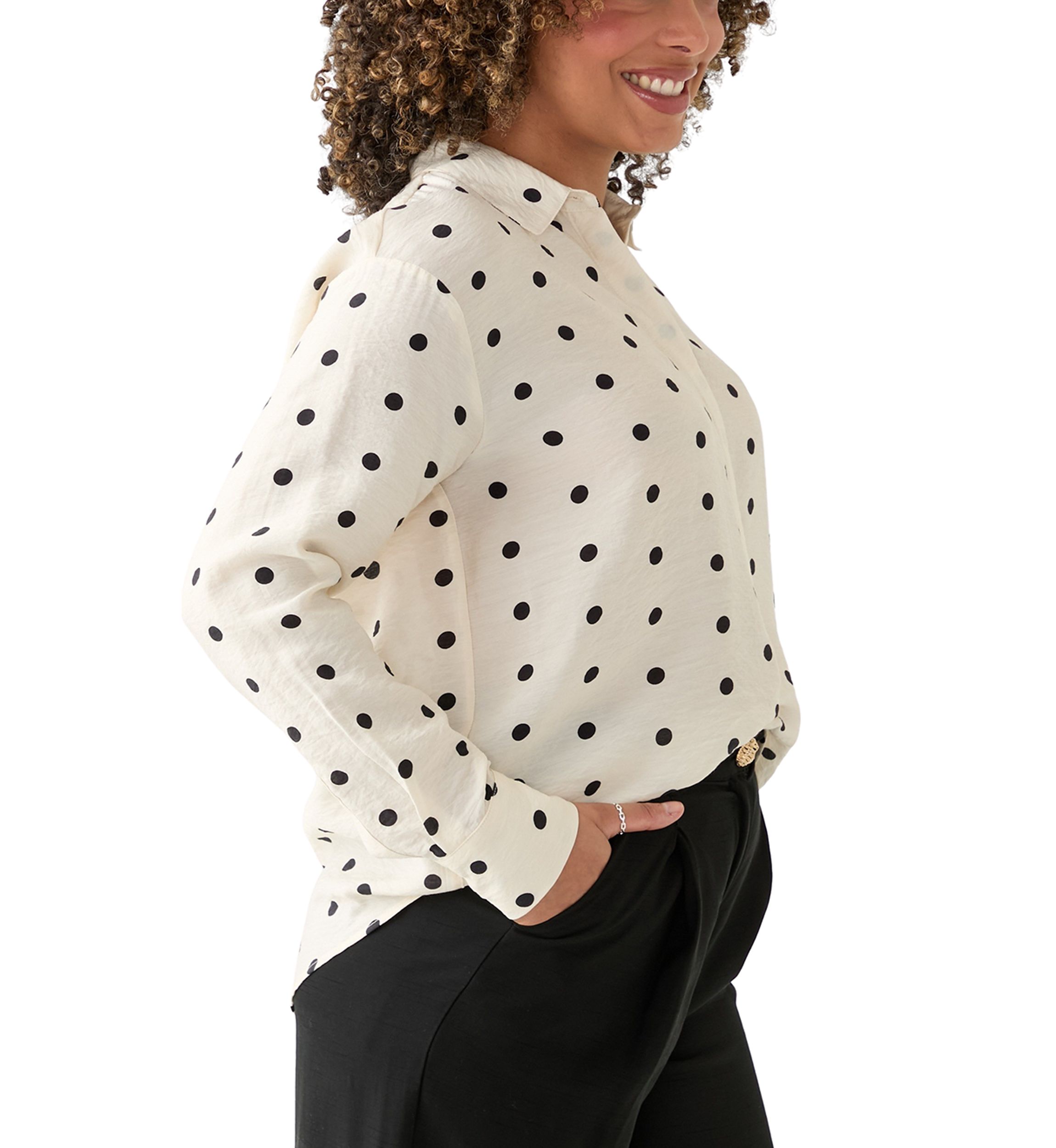 Womens Long Sleeve Polka Dot Collared Shirt