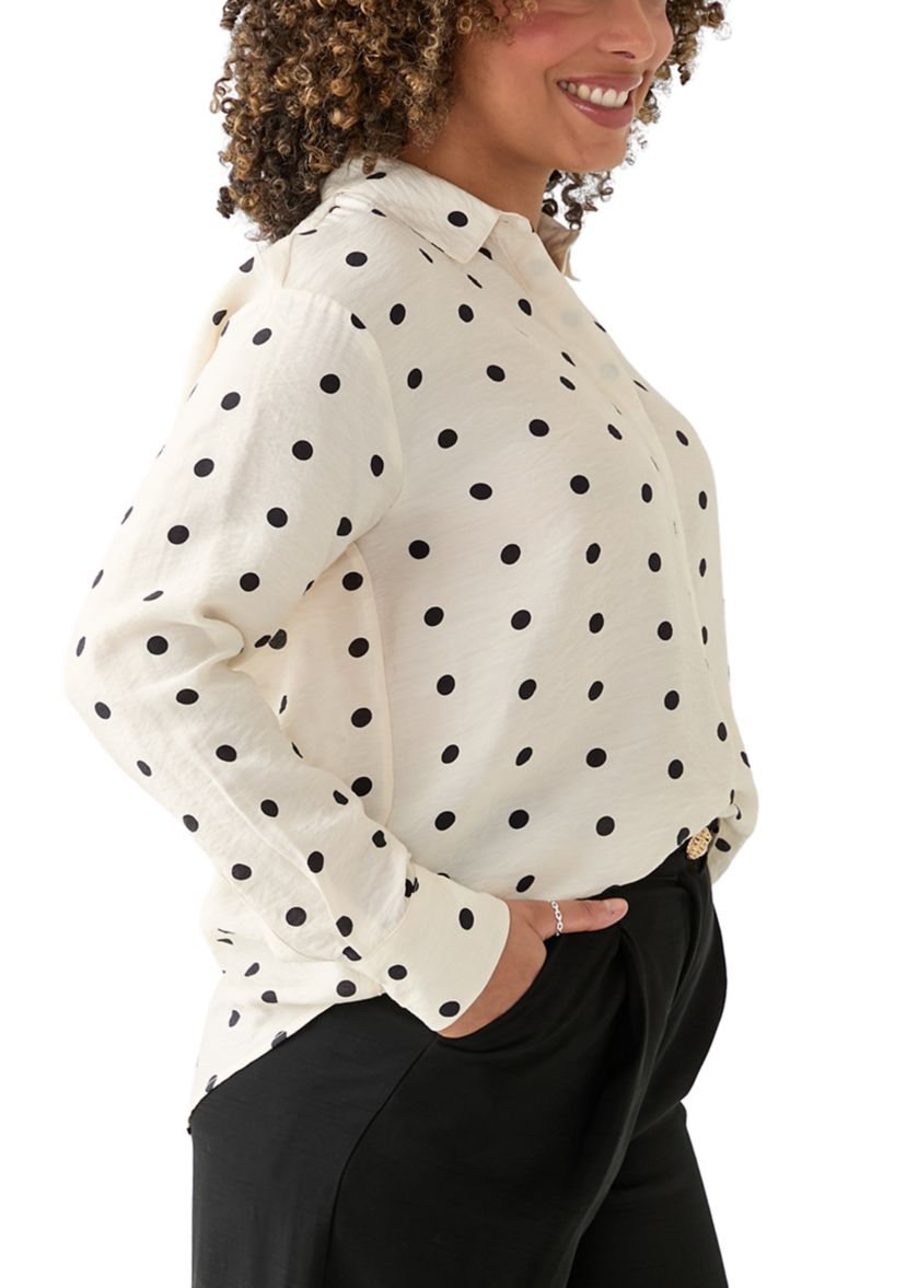 Womens Long Sleeve Polka Dot Collared Shirt