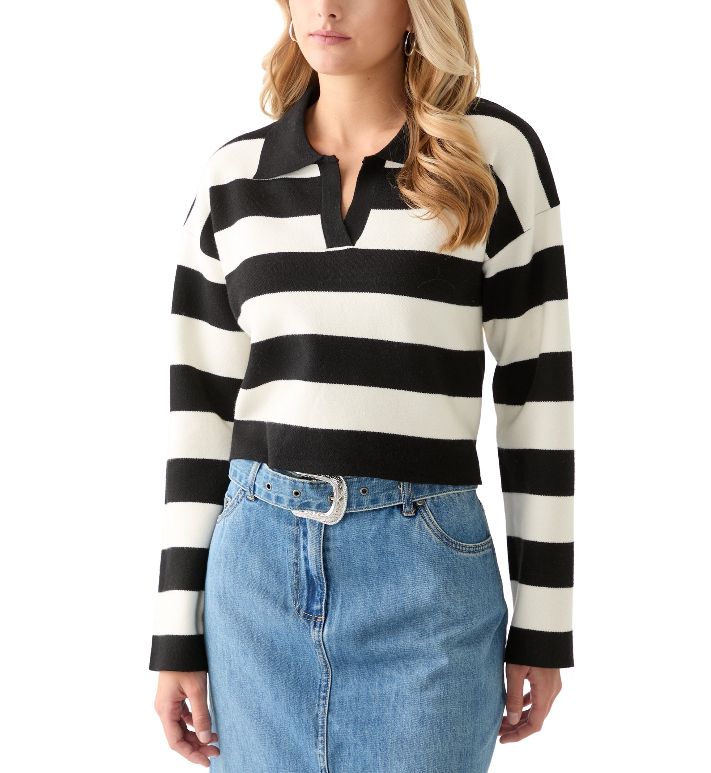 Womens Collared Front Striped Pullover Sweater