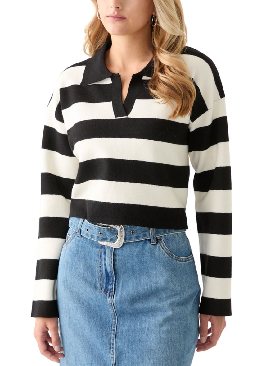 Womens Collared Front Striped Pullover Sweater