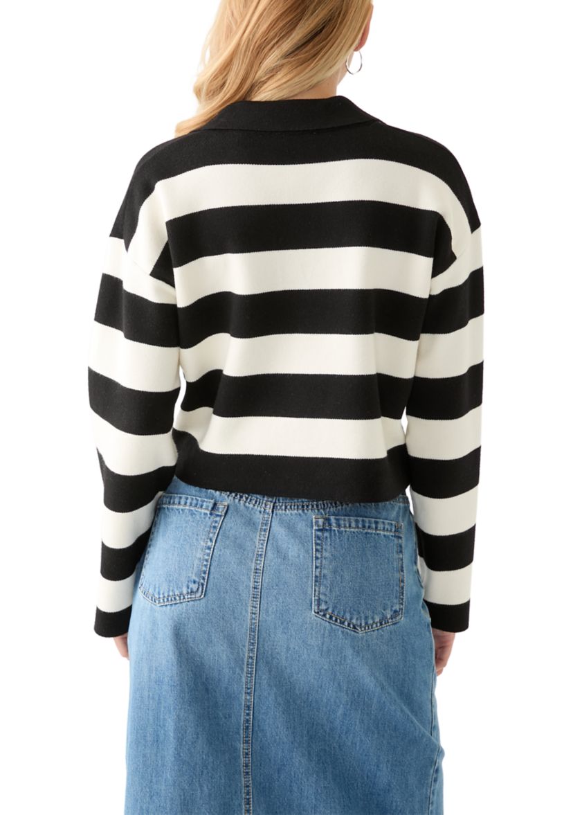 Womens Collared Front Striped Pullover Sweater