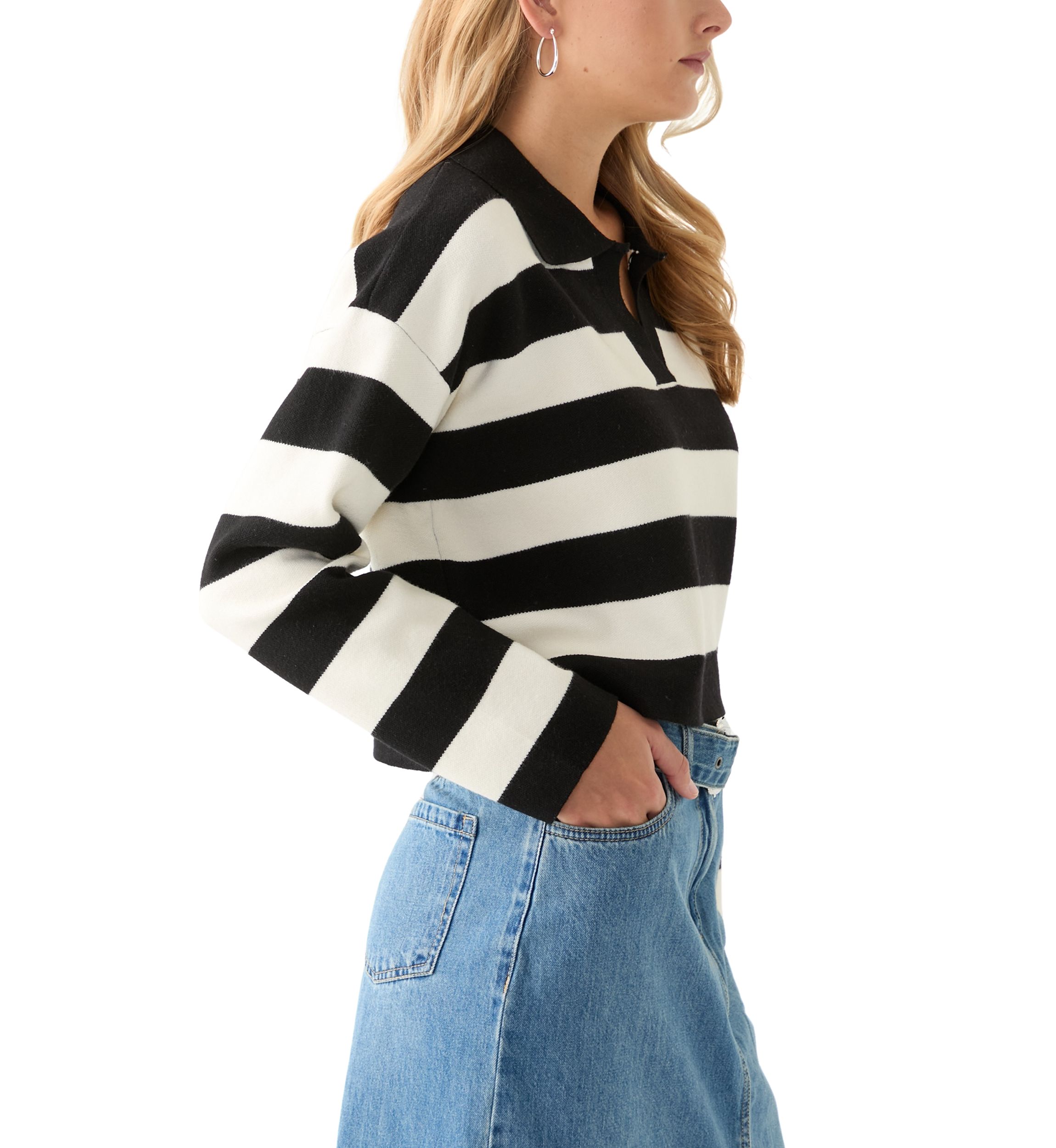 Womens Collared Front Striped Pullover Sweater