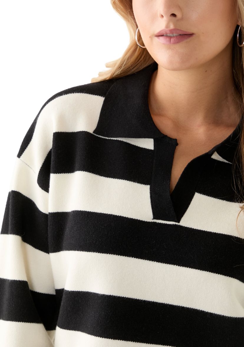 Womens Collared Front Striped Pullover Sweater
