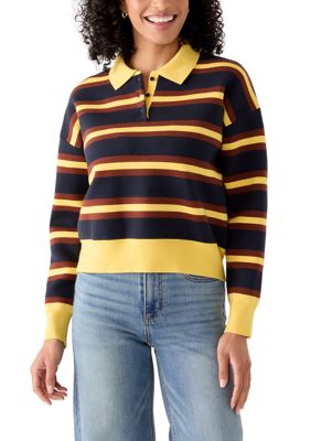 MUSE Republic Clothing Women's Long Drop Shoulder Sleeve Striped Knit Polo Shirt, Small
