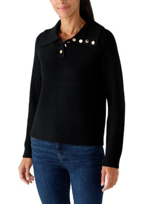 MUSE Republic Clothing Women's 1/4 Button Collared Sweater, Black, Small