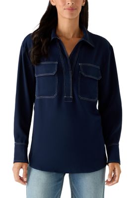 MUSE Republic Clothing Women's Long Sleeve Button Down Shirt, Navy Blue, Small