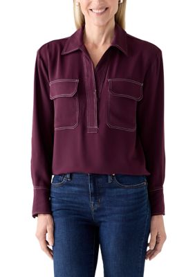 MUSE Republic Clothing Women's Long Sleeve Button Down Shirt, Burgundy, Small