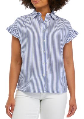 Women's Extended Shoulder Striped Shirt with Ruffle Sleeves