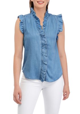 Women's Ruffle Trim Denim Shirt