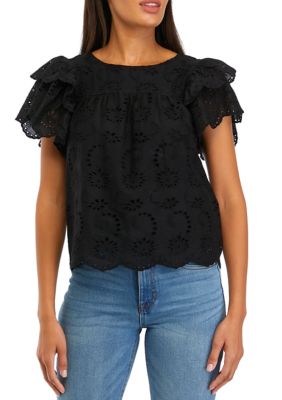 Women's Double Ruffle Sleeve Scallop Hem Eyelet Blouse