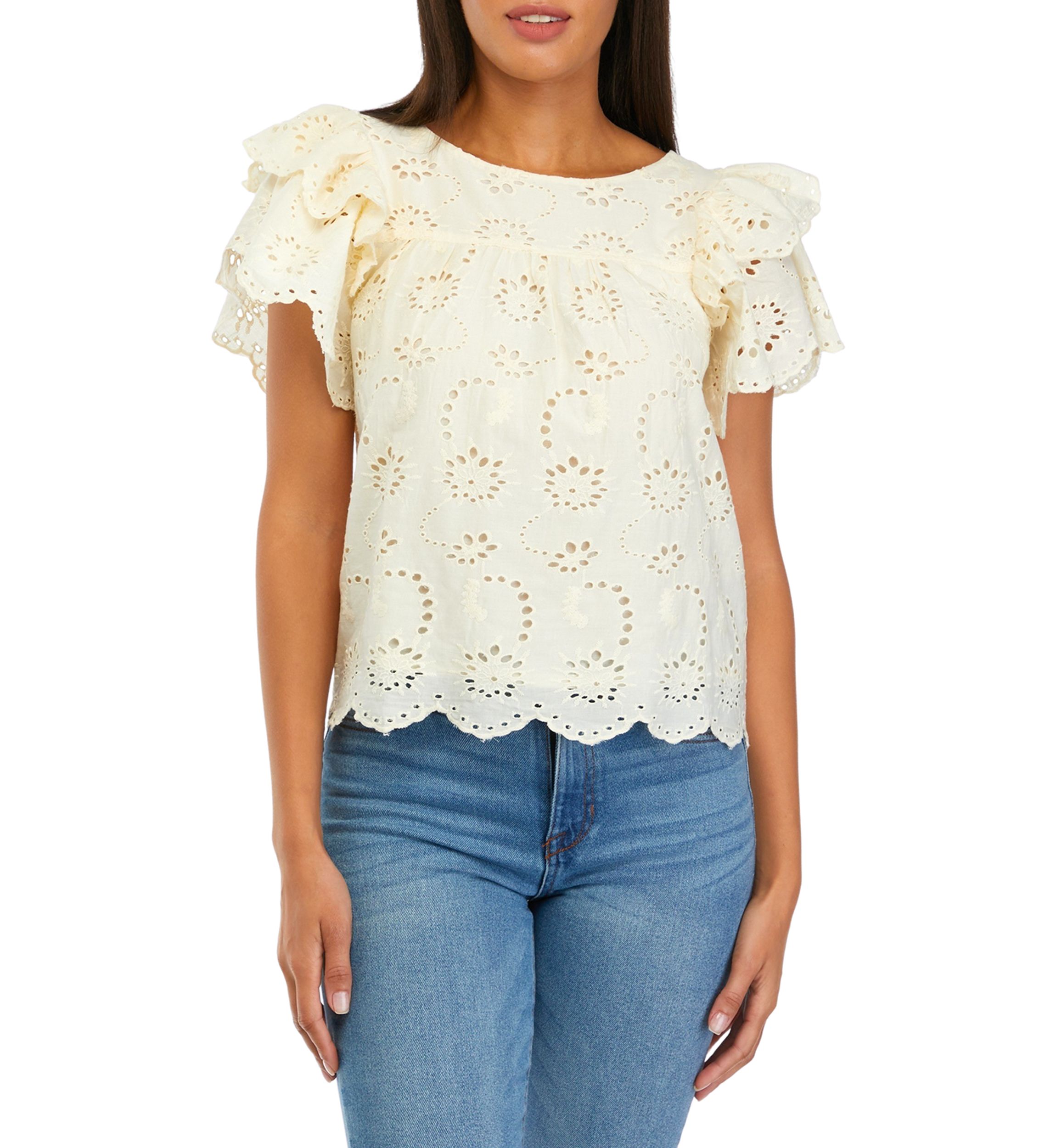 Womens Double Ruffle Sleeve Scallop Hem Eyelet Blouse