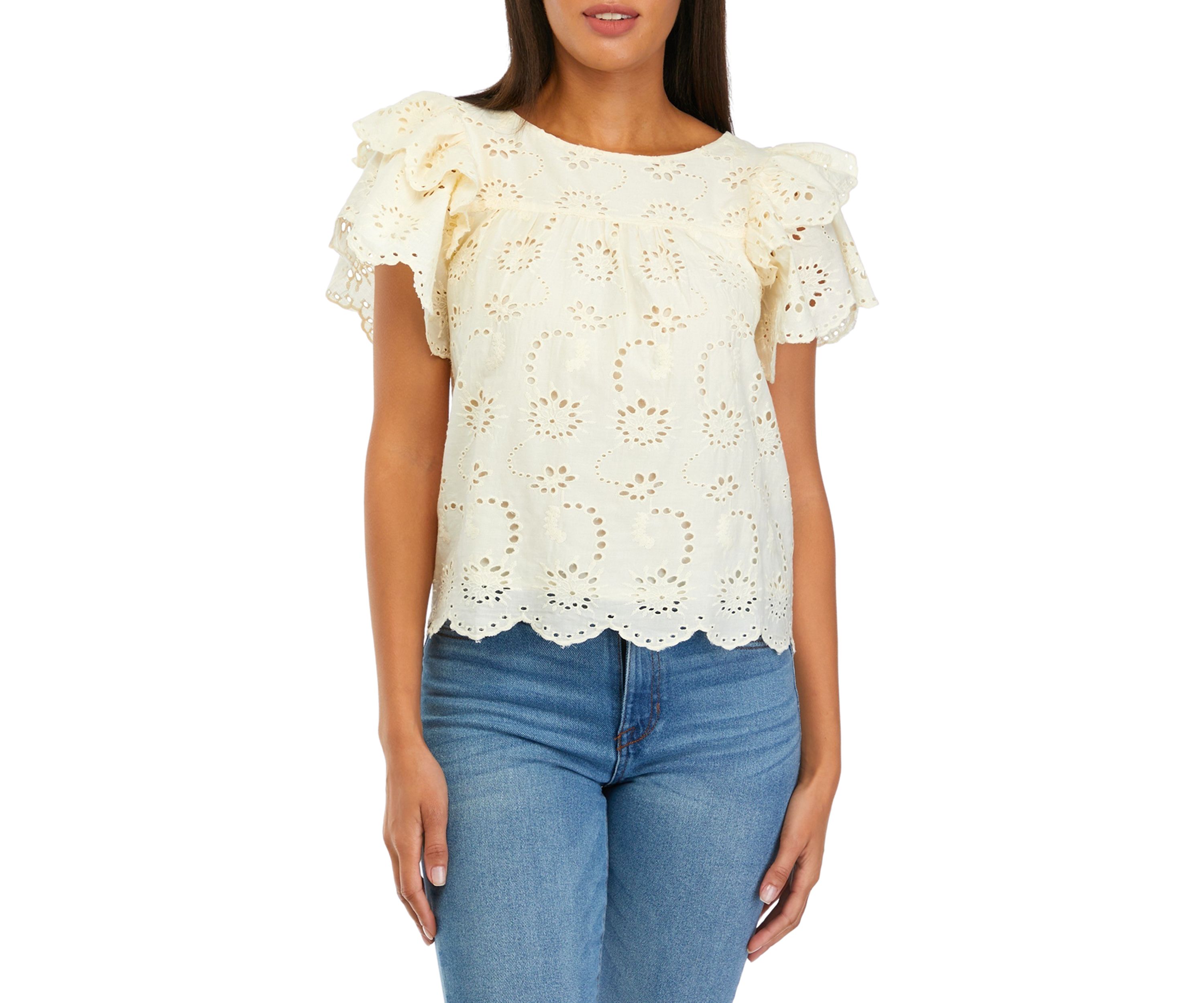 Womens Double Ruffle Sleeve Scallop Hem Eyelet Blouse
