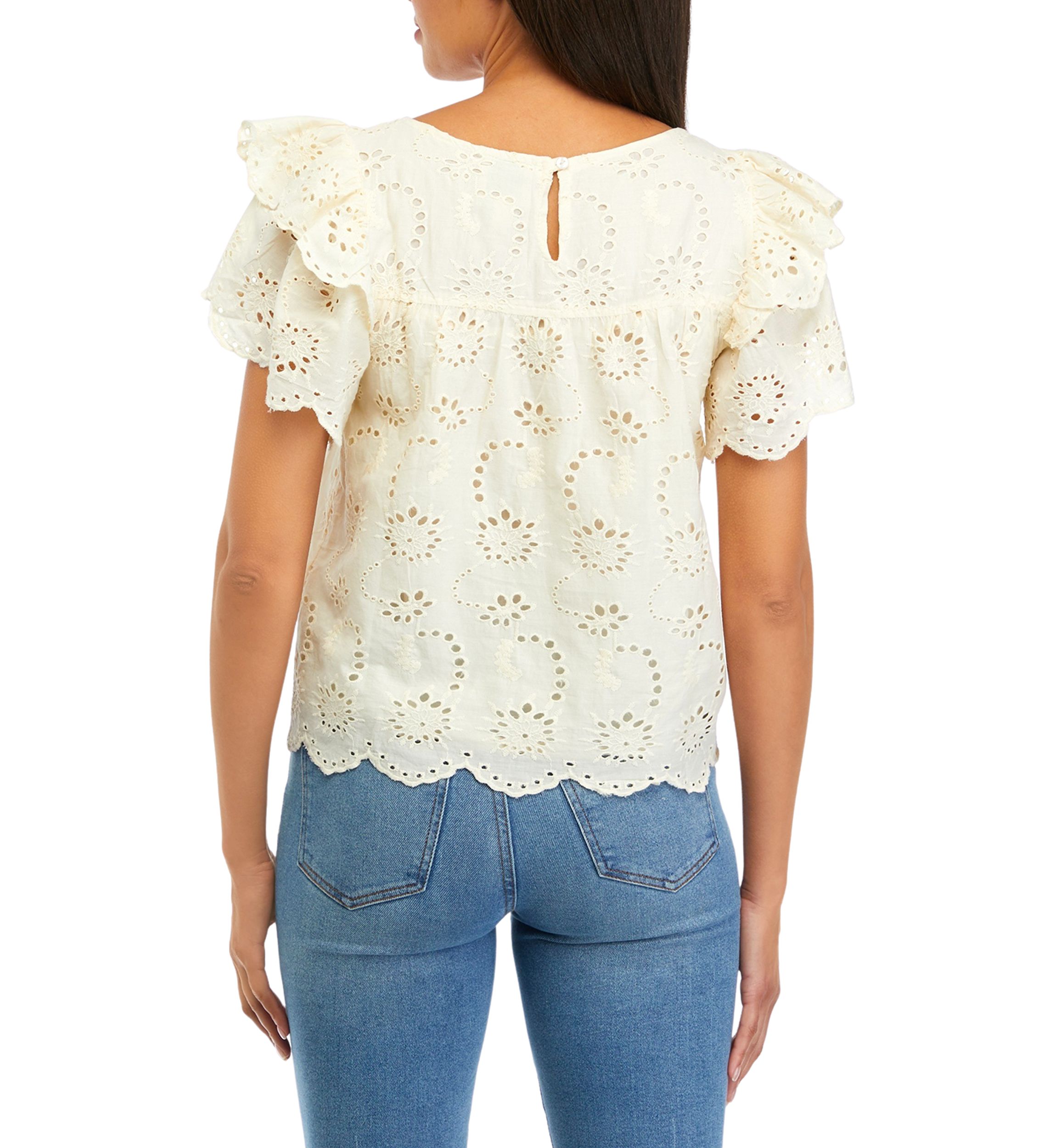 Womens Double Ruffle Sleeve Scallop Hem Eyelet Blouse