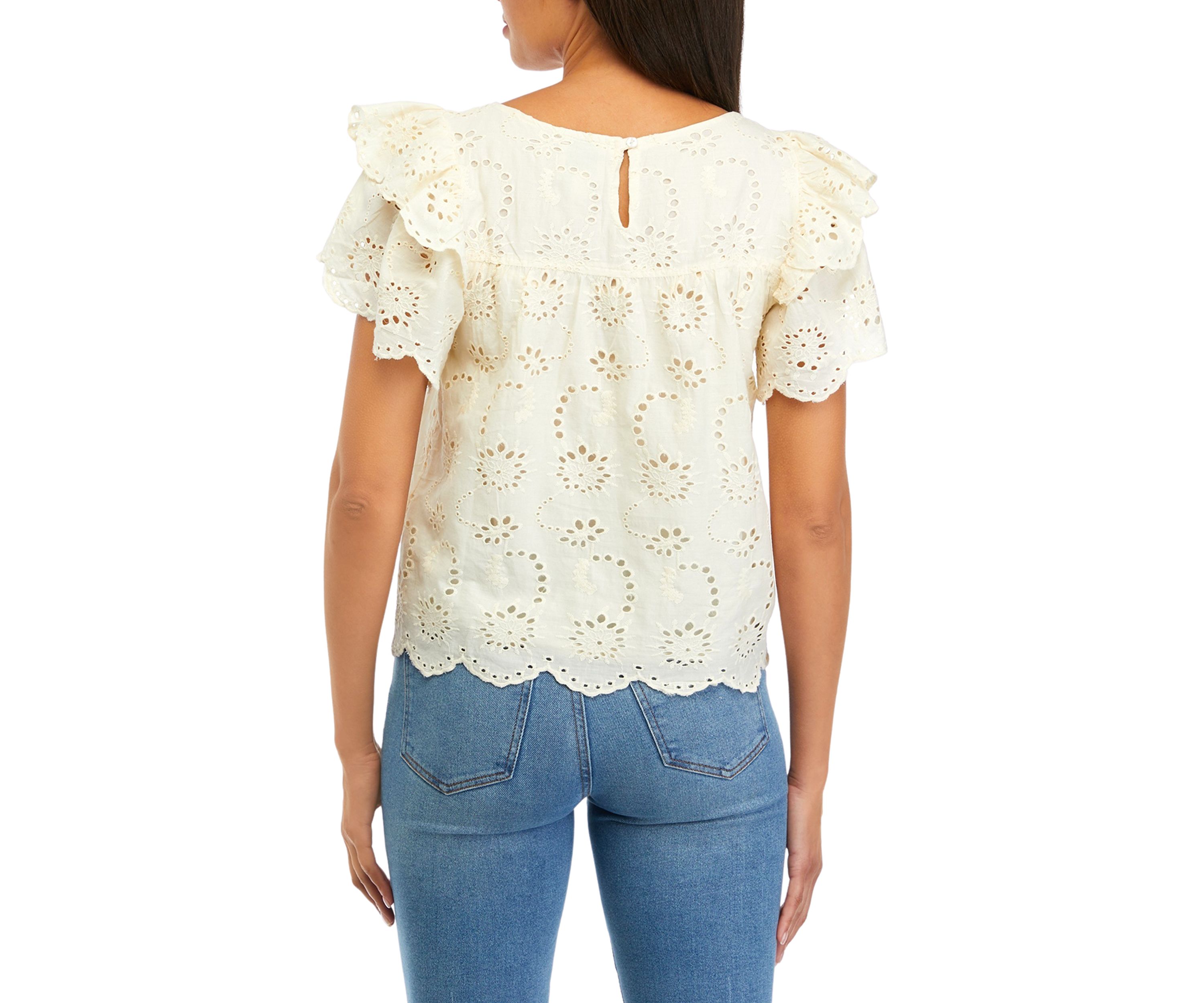 Womens Double Ruffle Sleeve Scallop Hem Eyelet Blouse