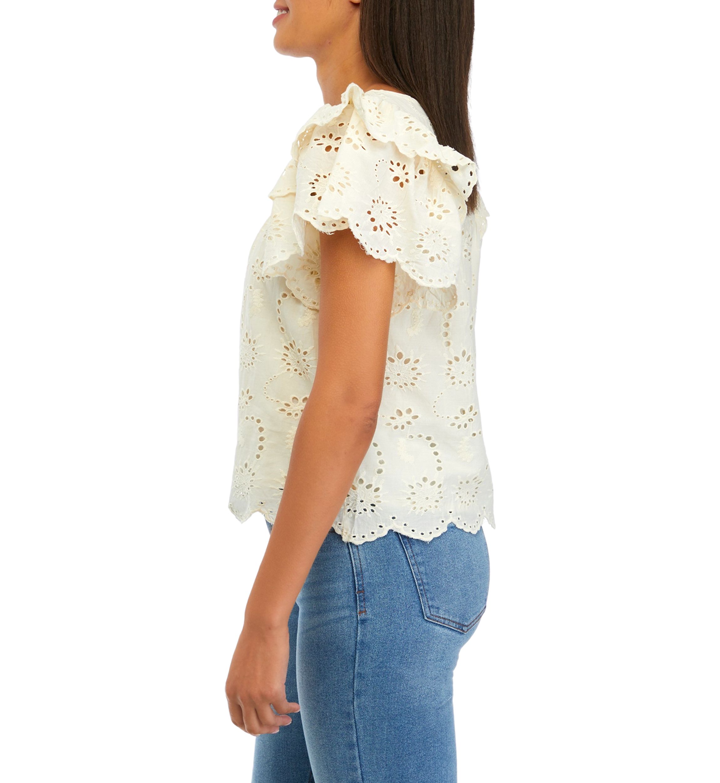Womens Double Ruffle Sleeve Scallop Hem Eyelet Blouse
